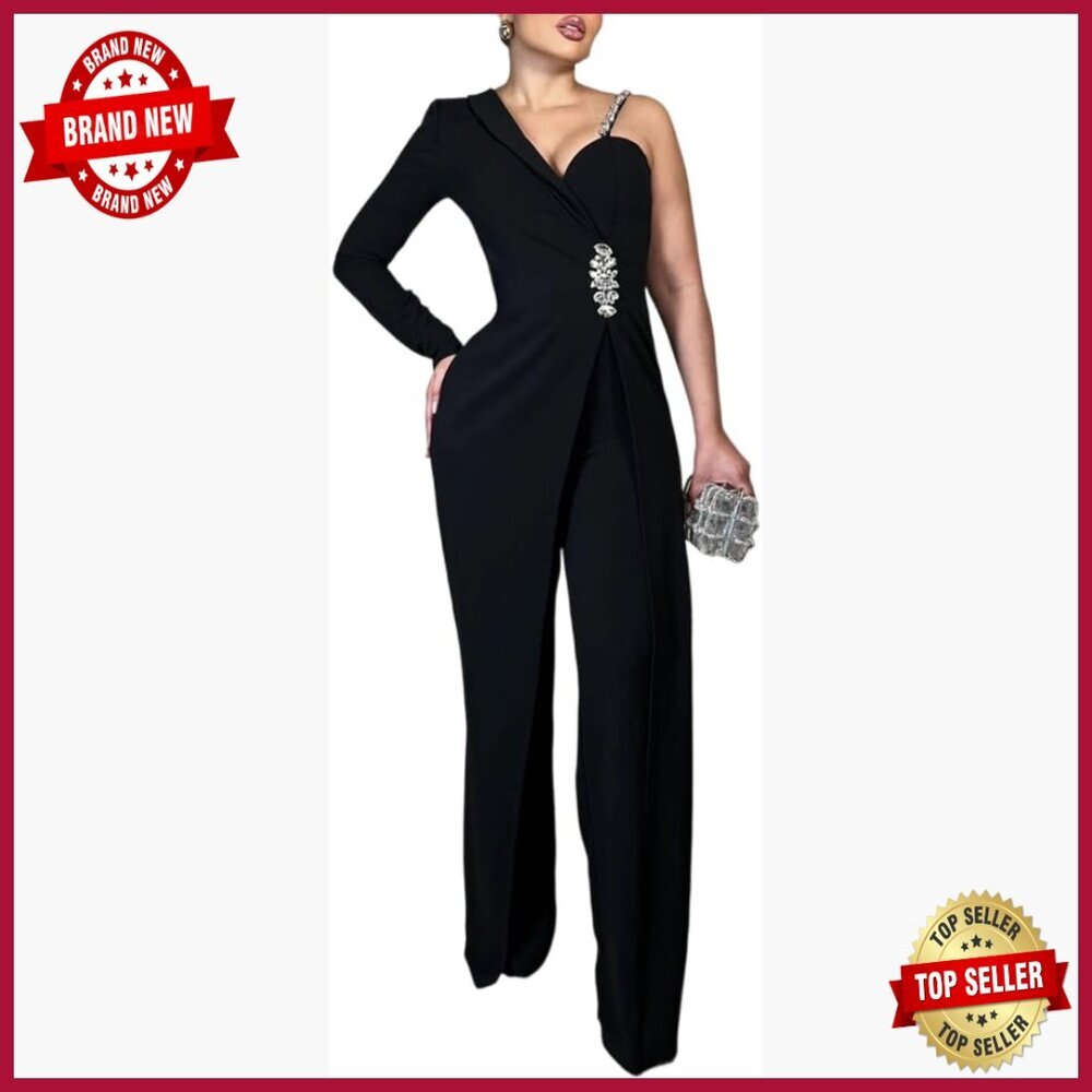 One Shoulder Jumpsuit Wide Leg Evening Romper Crystal Strap Waist Embellishment